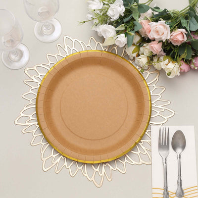 25-Pack Kraft Paper Round Dinner Plates 10" Natural Brown with Gold Lined Rim - Disposable Party Plates for Rustic Themes & Celebrations