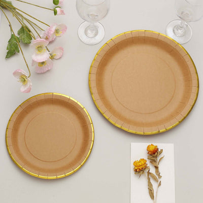 25-Pack Kraft Paper Round Dinner Plates 10" Natural Brown with Gold Lined Rim - Disposable Party Plates for Rustic Themes & Celebrations