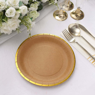 25-Pack Kraft Paper Round Dessert Plates 8" Natural Brown with Gold Lined Rim - Disposable Salad Appetizer Plates for Rustic Themes & Celebrations