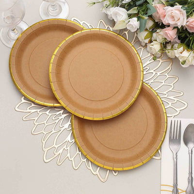 25-Pack Kraft Paper Round Dessert Plates 8" Natural Brown with Gold Lined Rim - Disposable Salad Appetizer Plates for Rustic Themes & Celebrations