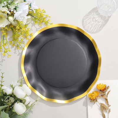 25-Pack Paper Round Dinner Plates 10" Matte Black with Gold Wavy Rim - 350GSM Disposable Party Plates