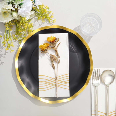 25-Pack Paper Round Dinner Plates 10" Matte Black with Gold Wavy Rim - 350GSM Disposable Party Plates