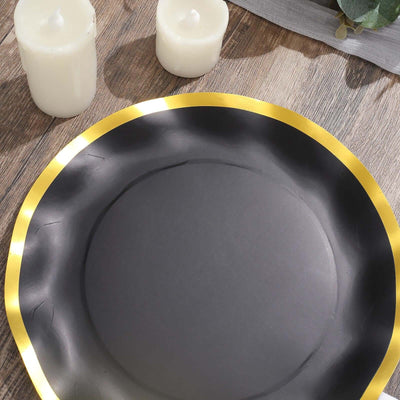 25-Pack Paper Round Dinner Plates 10" Matte Black with Gold Wavy Rim - 350GSM Disposable Party Plates