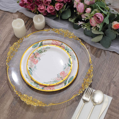 25-Pack Paper Round Dessert Plates 7" White with Peony Floral Design & Gold Rim - Disposable Salad Appetizer Plates for Garden Parties & Baby Showers