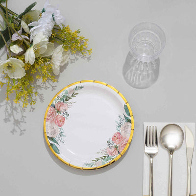 25-Pack Paper Round Dessert Plates 7" White with Peony Floral Design & Gold Rim - Disposable Salad Appetizer Plates for Garden Parties & Baby Showers