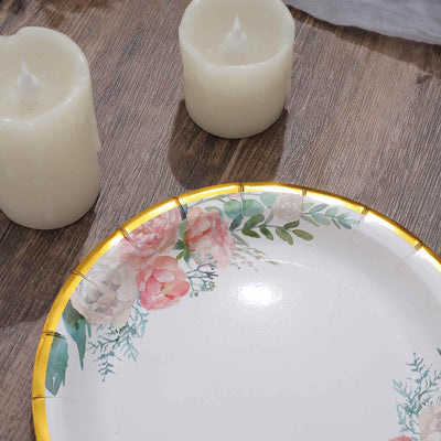 25-Pack Paper Round Dessert Plates 7" White with Peony Floral Design & Gold Rim - Disposable Salad Appetizer Plates for Garden Parties & Baby Showers