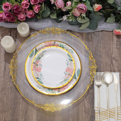 25-Pack Paper Round Dinner Plates 9" White with Peony Floral Design & Gold Rim - Disposable Round Lunch Party Plates for Garden Parties & Baby Showers