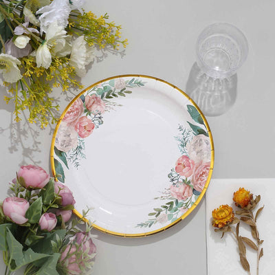 25-Pack Paper Round Dinner Plates 9" White with Peony Floral Design & Gold Rim - Disposable Round Lunch Party Plates for Garden Parties & Baby Showers