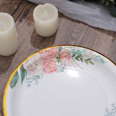 25-Pack Paper Round Dinner Plates 9" White with Peony Floral Design & Gold Rim - Disposable Round Lunch Party Plates for Garden Parties & Baby Showers