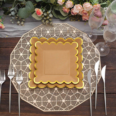 25-Pack Paper Square Dessert Plates 7" Natural Brown with Gold Scalloped Rim - Disposable Salad Appetizer Party Plates for Rustic Gatherings & Chic Events