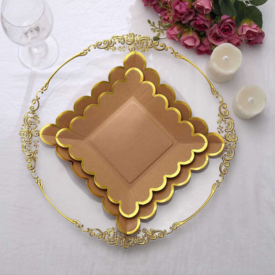 25-Pack Paper Square Dessert Plates 7" Natural Brown with Gold Scalloped Rim - Disposable Salad Appetizer Party Plates for Rustic Gatherings & Chic Events