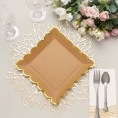 25-Pack Paper Square Dinner Plates 9" Natural Brown with Gold Scalloped Rim - Disposable Party Plates for Stylish Outdoor Events & Boho Celebrations