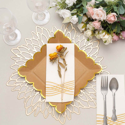 25-Pack Paper Square Dinner Plates 9" Natural Brown with Gold Scalloped Rim - Disposable Party Plates for Stylish Outdoor Events & Boho Celebrations