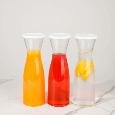 3-Pack Plastic Carafes with Lids 34oz Clear - Washable Reusable Juice Pitcher Water Jar for Home & Event Use