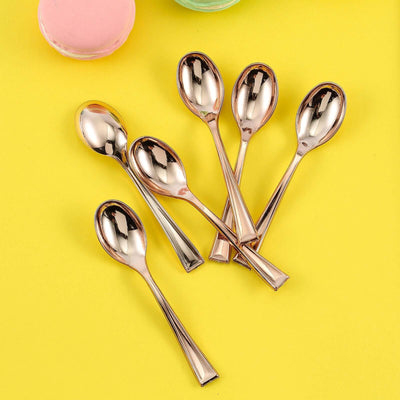 24-Pack Plastic Mini Dessert Spoons 4" Rose Gold - Heavy Duty Disposable Silverware