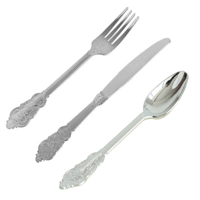24 Pcs Plastic Silverware Set Metallic Silver in Baroque Style - Heavy Duty Disposable Knife, Fork, and Spoon Set