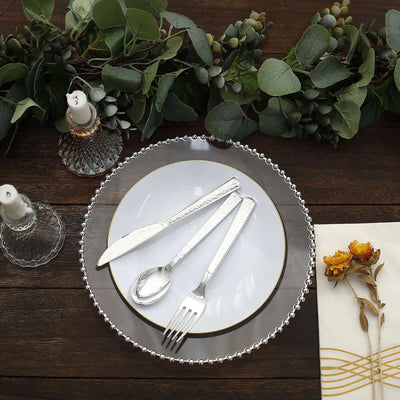 24-Pack Plastic Silverware Set 7" Silver with Hammered Design - Heavy Duty Disposable Utensils