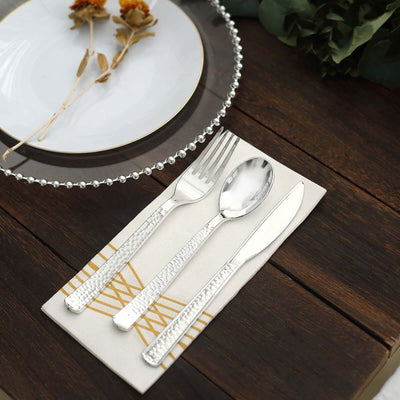 24-Pack Plastic Silverware Set 7" Silver with Hammered Design - Heavy Duty Disposable Utensils