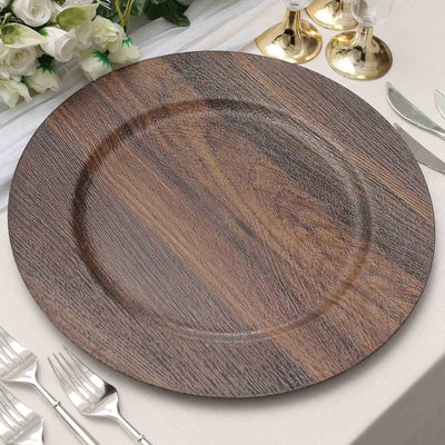 6-Pack Plastic Charger Plates 13" Round Dark Brown with Faux Wood Finish - Rustic Boho Chic Dinner Party Charger Tableware