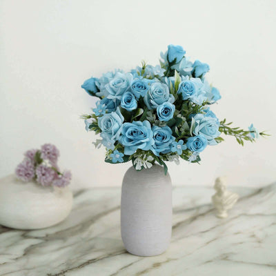 4 Bushes Dusty Blue Real Touch Artificial Silk Rose Bridal Bouquet, Faux Flowers 12"