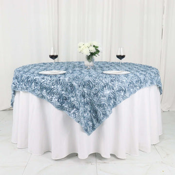 Dusty Blue 3D Rosette Satin Table Overlay, Square Tablecloth Topper 72"x72"