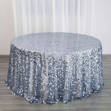 Dusty Blue Seamless Big Payette Sequin Round Tablecloth Premium Collection 120" for 5 Foot Table With Floor-Length Drop