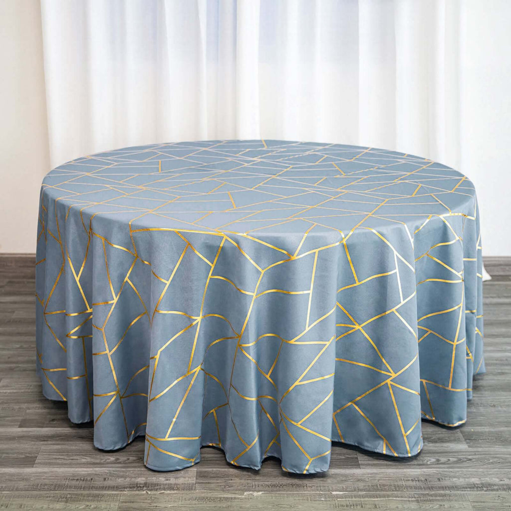 Dusty Blue 120 In Round Polyester Tablecloth EFavormart Com   Dusty Blue Seamless Round Polyester Tablecloth With Gold Foil Geometric Pattern 1024x1024 