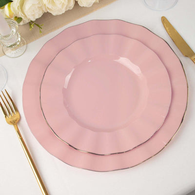 10-Pack Plastic Round Dinner Plates 9" Dusty Rose Ruffled Rim with Gold Edging - Heavy Duty Disposable Dinnerware