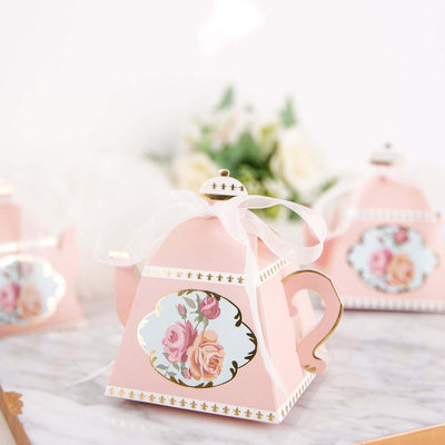 25 Pack Dusty Rose Mini Teapot Gift Boxes with Ribbon, Vintage Rose Favor Boxes - 4"