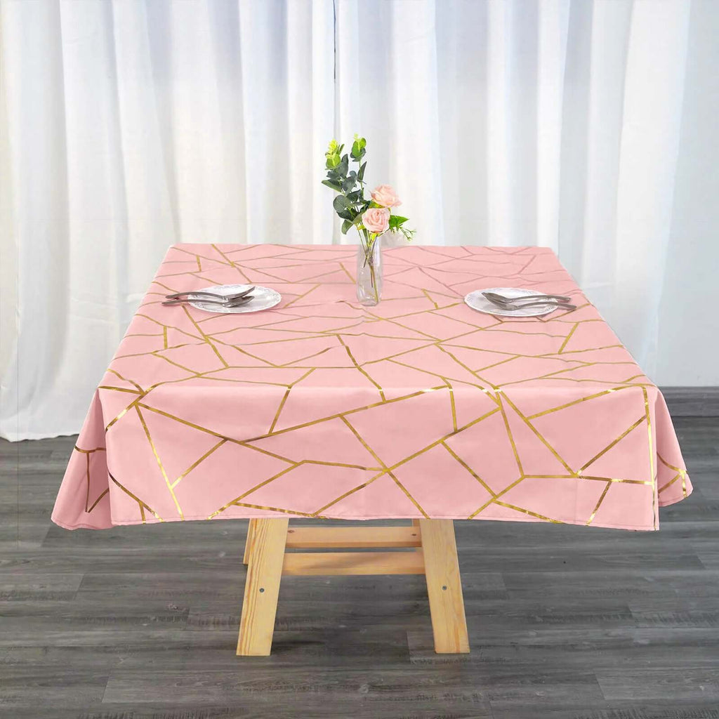 54x54 In Dusty Rose Square Tablecloth with Gold Foil Pattern