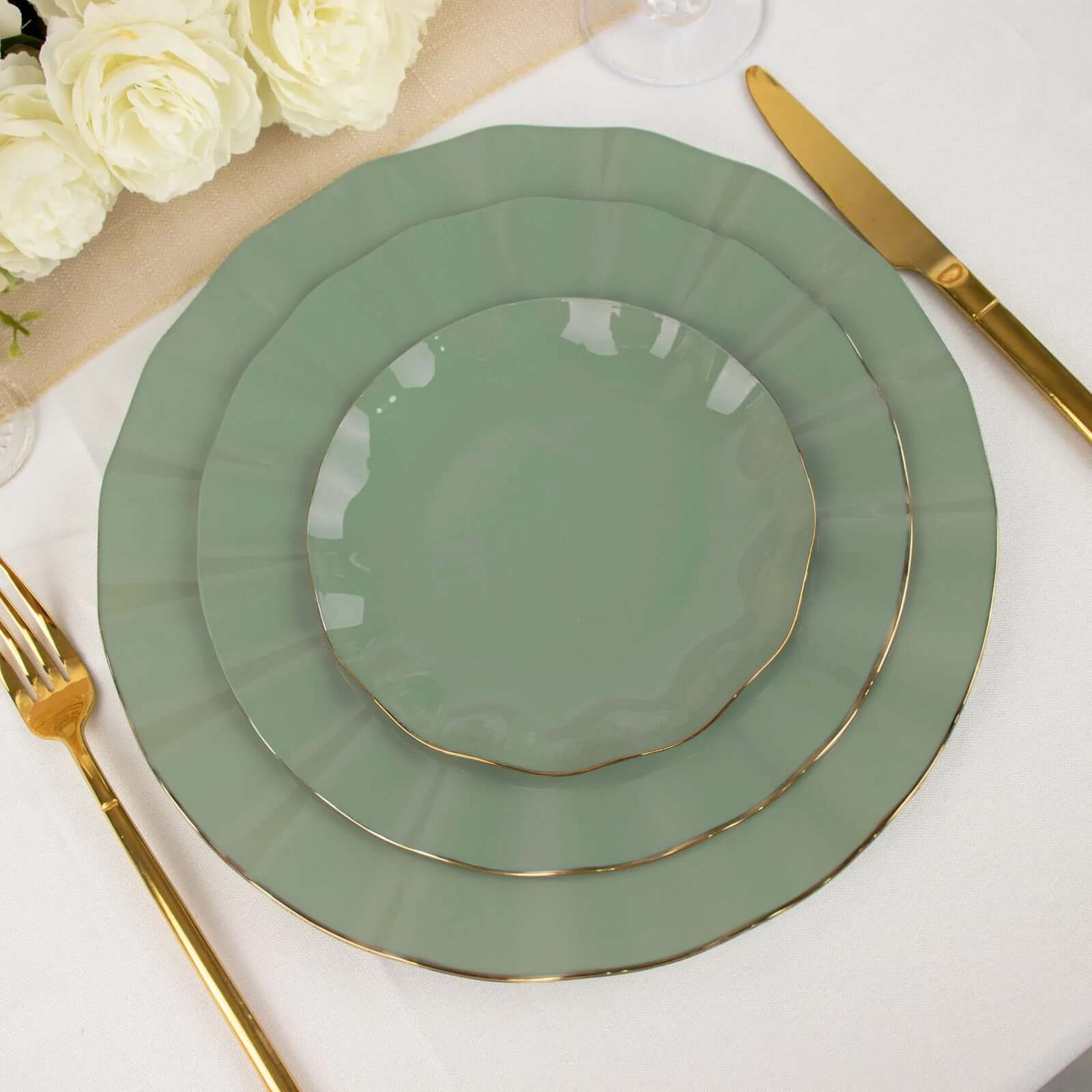 Dusty Sage Green Dessert Plates with Gold Ruffles