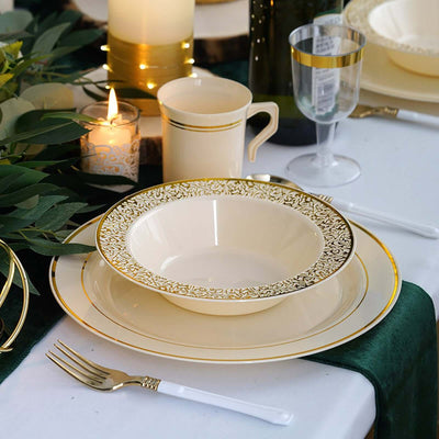 10-Pack Plastic Dinner Plates 10" Ivory with Très Chic Gold Rim - Stylish Disposable Plates for Events