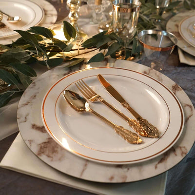 10-Pack Plastic Dinner Plates 10" Ivory with Très Chic Gold Rim - Stylish Disposable Plates for Events