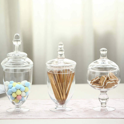 Set of 3 Clear Glass Jars 8.5", 9", 10" Apothecary Design with Snap-On Lids - Decorative Footed Candy Buffet Containers