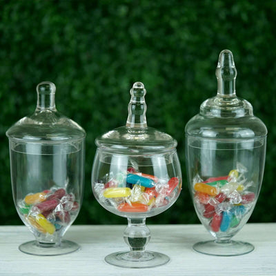 Set of 3 Clear Glass Jars 8.5", 9", 10" Apothecary Design with Snap-On Lids - Decorative Footed Candy Buffet Containers
