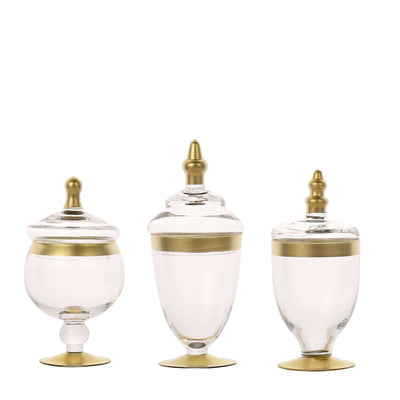 Set of 3 Clear Glass Jars 8.5", 9", 10" Apothecary Design with Gold Trim and Snap-On Lids - Decorative Footed Candy Buffet Containers