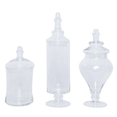 Set of 3 Clear Glass Candy Jars 9"/13"/14" Modern Apothecary Design with Snap-On Lids - Party Favor Containers for Events