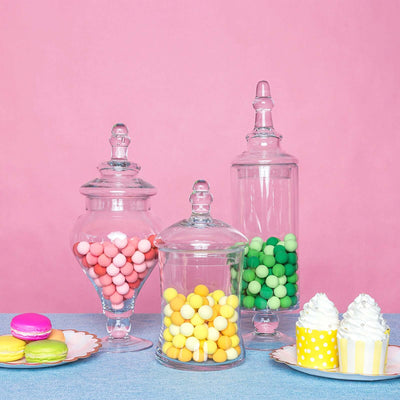 Set of 3 Clear Glass Candy Jars 9"/13"/14" Modern Apothecary Design with Snap-On Lids - Party Favor Containers for Events