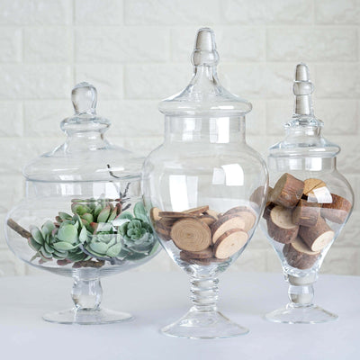 Set of 3 Clear Glass Candy Jars 10"/12"/14" Pedestal Apothecary Design with Snap-On Lids - Party Favor Containers for Events
