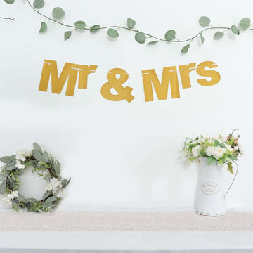 Gold Glittered Mr and Mrs Paper Hanging Wedding Anniversary Banner, Party Garland Banner 3ft