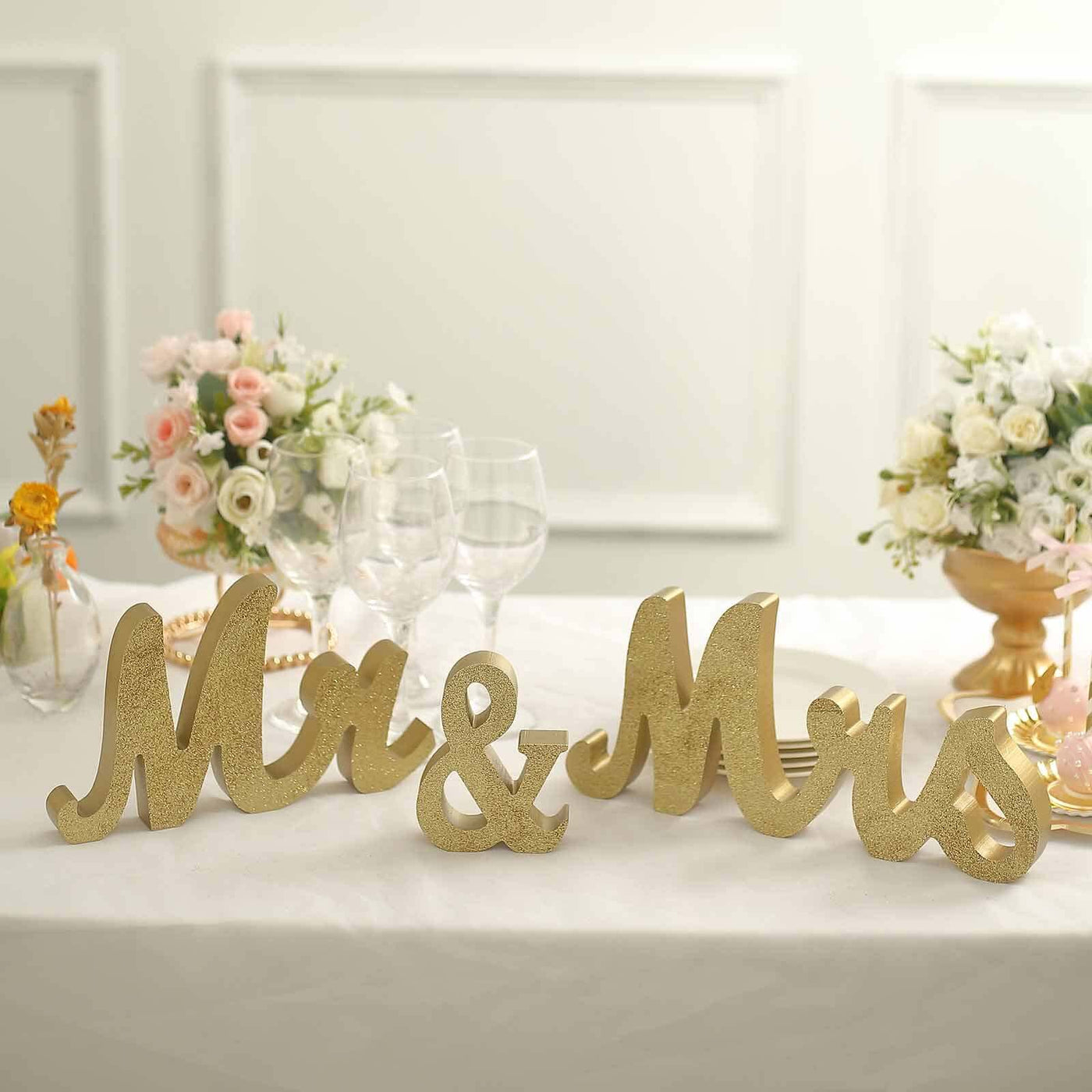 Gold Glittered Wooden Mr & Mrs Wedding Signs | eFavormart.com