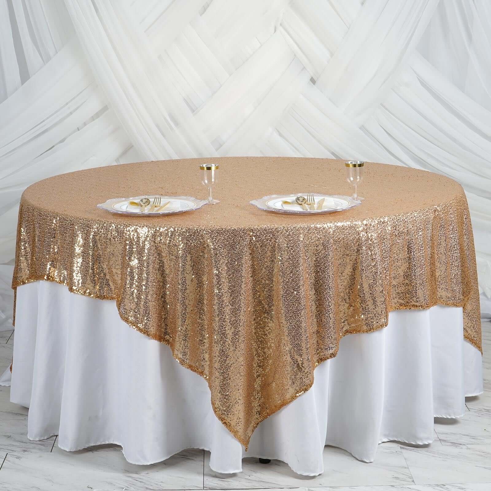 Gold Premium Sequin Square Table Overlay | eFavormart.com