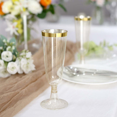 12-Pack Plastic Champagne Flutes 6oz Clear Gold Glittered with Gold Rim - Disposable Toasting Glasses with Detachable Base 6"
