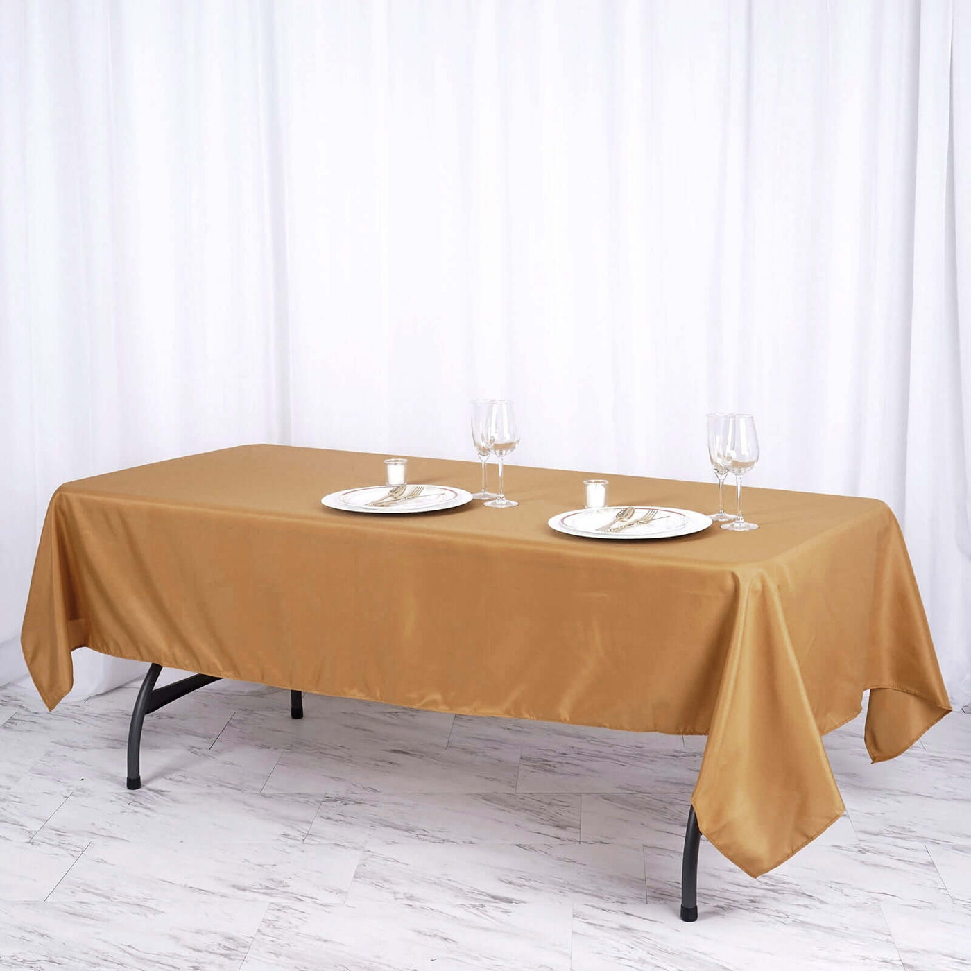 60x102 In Gold Seamless Polyester Rectangular Tablecloth | eFavormart.com