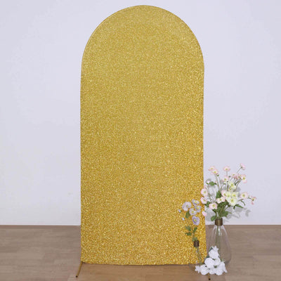 Gold Shimmer Tinsel Spandex Wedding Arch Cover For Fitted Round Top Chiara Backdrop Stand 7ft