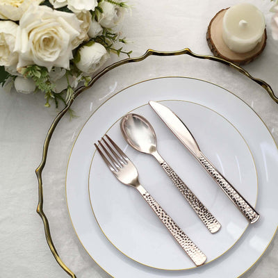 24-Pack Plastic Silverware Set 7" Rose Gold with Hammered Design - Heavy Duty Disposable Utensils