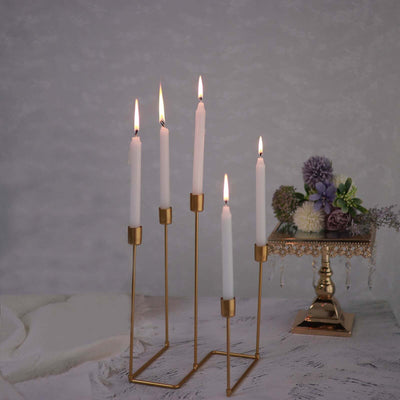 Gold Metal 5-Arm Taper Candle Holder 12", Geometric Candelabra Design - Perfect for Weddings and Party Tables