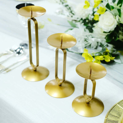Set of 3 Gold Metal Oval Frame Pillar Candle Holders, Geometric Table Centerpieces - Assorted Sizes for Weddings