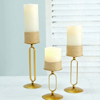 Set of 3 Gold Metal Oval Frame Pillar Candle Holders, Geometric Table Centerpieces - Assorted Sizes for Weddings