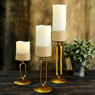 Set of 3 Gold Metal Oval Frame Pillar Candle Holders, Geometric Table Centerpieces - Assorted Sizes for Weddings